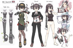 Rule 34 | 1girl, averting eyes, axe, baseball cap, brown hair, brushing teeth, character sheet, cigarette, coffee mug, collarbone, commentary request, cup, diagonal-striped clothes, diagonal-striped necktie, formal, glasses, gun, handgun, harness, hat, highres, holding, holding gun, holding weapon, holster, holstered, jacket, looking at viewer, messy hair, mug, multicolored necktie, multiple views, necktie, original, pant suit, panties, pants, prosthesis, prosthetic arm, revolver, samaru (seiga), short twintails, striped clothes, suit, suit jacket, tank top, toothbrush, torn clothes, twintails, underwear, union jack, weapon, yellow eyes