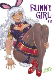 Rule 34 | 1girl, animal ears, armlet, breasts, cleavage, commentary request, dark-skinned female, dark skin, dated, detached collar, frills, genshi, high heels, large breasts, leotard, long hair, mole, mole under eye, neckwear request, open mouth, original, pantyhose, purple leotard, rabbit ears, rabbit girl, rabbit tail, red footwear, sidelocks, signature, silver hair, sitting, smile, solo, tail, thigh strap, title, white background, wrist cuffs, yellow eyes