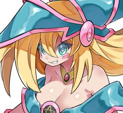 Rule 34 | 1girl, bare shoulders, blonde hair, blue headwear, blush stickers, breasts, cleavage, collarbone, dark magician girl, duel monster, eyelashes, fang, gem, gold necklace, green eyes, grin, hair between eyes, hyou (hyouga617), jewelry, large breasts, long hair, looking at viewer, necklace, pentagram, red gemstone, simple background, smile, solo, upper body, white background, yu-gi-oh!