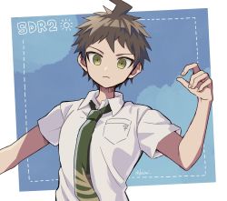 Rule 34 | 1boy, ahoge, breast pocket, brown eyes, brown hair, closed mouth, collared shirt, commentary, commentary request, copyright name, danganronpa (series), danganronpa 2: goodbye despair, frown, green necktie, haizai, hand up, highres, hinata hajime, looking at viewer, male focus, necktie, pocket, shirt, short hair, short sleeves, solo, symbol-only commentary, twitter username, upper body, white shirt