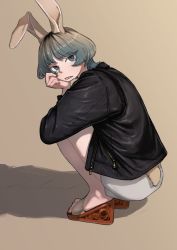 Rule 34 | 1girl, absurdres, black jacket, bob cut, brown background, female focus, grey hair, head rest, highres, jacket, leather, leather jacket, looking at viewer, open mouth, original, platform footwear, pueblo, rabbit ears, rabbit tail, shadow, signature, simple background, skirt, solo, squatting, white skirt