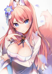 Rule 34 | 1girl, absurdres, animal ear fluff, animal ears, arm under breasts, blue eyes, blue flower, blue ribbon, breasts, cleavage, cleavage cutout, clothing cutout, cropped jacket, dress, flower, hair flower, hair ornament, highres, hizuki rurufu, jacket, large breasts, long hair, looking at viewer, petals, pink hair, pink tail, pout, ribbon, shinomiya shino (sinosino141), snack nili, solo, tail, very long hair, virtual youtuber, white dress, white jacket, wolf ears, wolf girl, wolf tail