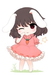 Rule 34 | 1girl, ;3, animal ears, arm behind back, black hair, blush, carrot necklace, chibi, commentary request, dress, full body, inaba tewi, knees together feet apart, md5 mismatch, necklace, one eye closed, petticoat, pigeon-toed, pink dress, puffy short sleeves, puffy sleeves, rabbit ears, red eyes, rei (tonbo0430), short sleeves, solo, touhou