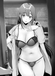 Rule 34 | 1girl, blush, bra, breasts, cleavage, collarbone, collared shirt, commentary request, cowboy shot, curvy, doorway, dress shirt, gentsuki, greyscale, highres, large breasts, lingerie, long hair, looking at viewer, monochrome, navel, open clothes, open shirt, opening door, original, outdoors, parted lips, pov, pov doorway, power lines, shirt, side-tie bottom, sidelocks, solo, standing, thighs, underwear