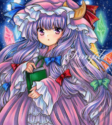 Rule 34 | 1girl, :o, blue background, blue bow, blue ribbon, blush, book, bow, crescent, crescent hat ornament, crystal, dot nose, dress, frilled hat, frills, green ribbon, hair bow, hair ribbon, hat, hat ornament, hat ribbon, holding, holding book, long hair, long sleeves, looking at viewer, marker (medium), mob cap, neck ribbon, night, night sky, parted lips, patchouli knowledge, purple dress, purple eyes, purple hair, purple hat, red bow, red ribbon, ribbon, rui (sugar3), sample watermark, shikishi, sidelocks, sky, solo, star (sky), starry sky, touhou, traditional media, tress ribbon, upper body, very long hair, watermark, wide sleeves
