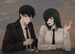 Rule 34 | 1boy, 1girl, black coat, black hair, black necktie, buttericecreamm, chainsaw man, cigarette, cigarette pack, coat, collared shirt, earrings, elbow rest, eyepatch, formal, grey background, hayakawa aki, highres, himeno (chainsaw man), holding, holding cigarette, jewelry, lighter, long hair, looking at another, looking to the side, necktie, open mouth, shirt, short hair, smoke, stud earrings, suit, white shirt