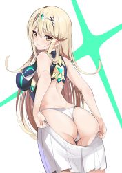Rule 34 | 1girl, bare shoulders, blonde hair, breasts, daive, dress, gluteal fold, highres, large breasts, long hair, mythra (xenoblade), panties, short dress, solo, swept bangs, underwear, very long hair, white dress, xenoblade chronicles (series), xenoblade chronicles 2, yellow eyes