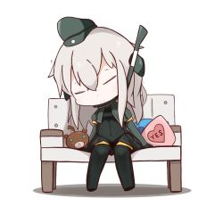 Rule 34 | 10s, 1girl, :&gt;, bench, chibi, closed eyes, hat, heart, highres, kantai collection, nuu (nu-nyu), simple background, sitting, sleeping, smile, solo, u-511 (kancolle), uniform, white hair, yes, yes-no pillow