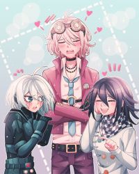 Rule 34 | 1boy, 2girls, ahoge, antenna hair, armor, barbed wire, belt, black belt, black choker, black scarf, blush, buttons, checkered clothes, checkered neckwear, checkered scarf, cheer (cheerpuppy14), choker, collarbone, collared shirt, crossed arms, danganronpa (series), danganronpa v3: killing harmony, double-breasted, dress shirt, flying sweatdrops, genderswap, genderswap (ftm), genderswap (mtf), goggles, goggles on head, green background, grey eyes, grey hair, hand up, heart, highres, iruma miu, jacket, k1-b0, long sleeves, male focus, multiple girls, necktie, notice lines, o-ring, oma kokichi, open mouth, pants, pink jacket, pink pants, pointing, pointing at another, power armor, scarf, shirt, straitjacket, teeth, upper teeth only, white scarf, white shirt