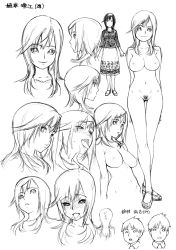 Rule 34 | 1boy, 1girl, breasts, character age, character name, character sheet, dress, expressions, female pubic hair, greyscale, highres, hijiri rei, large breasts, monochrome, nipples, nude, open mouth, pubic hair, sketch, thigh gap, tongue, tongue out