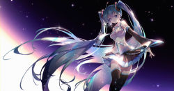 Rule 34 | 1girl, absurdly long hair, bare shoulders, belt, black skirt, black sky, black sleeves, black thighhighs, blue eyes, blue hair, blue necktie, breasts, closed mouth, commentary, cowboy shot, detached sleeves, grey shirt, hair ornament, hatsune miku, highres, horizon, impossible clothes, impossible shirt, lengchan (fu626878068), long hair, medium breasts, miniskirt, necktie, shirt, shoulder tattoo, skirt, sky, sleeveless, sleeveless shirt, smile, solo, sparkle, star (sky), starry sky, tattoo, thighhighs, twintails, very long hair, vocaloid, zettai ryouiki
