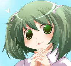 Rule 34 | 1girl, :p, aqua background, bad id, bad pixiv id, blush, female focus, green eyes, green hair, hammer (sunset beach), heart, kisume, matching hair/eyes, own hands clasped, own hands together, portrait, short hair, solo, tongue, tongue out, touhou, twintails