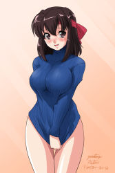 Rule 34 | 1girl, arm behind back, artist name, blush, breasts, brown eyes, brown hair, clothes tug, commentary, cowboy shot, dated, girls und panzer, headband, kondou taeko, large breasts, long sleeves, looking at viewer, matsui yasutsugu, medium hair, one-hour drawing challenge, open mouth, orange background, red headband, ribbed sweater, signature, smile, solo, standing, sweater, sweater tug, turtleneck, turtleneck sweater