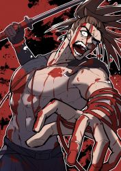 Rule 34 | 1boy, abs, absurdres, bara, bare pectorals, blood, blood on clothes, blood on face, blood on hands, brown hair, fate/grand order, fate (series), hakama, haruakira, highres, igote, japanese clothes, male focus, mask, muscular, muscular male, open mouth, pectorals, red ribbon, ribbon, solo, sword, tanaka shinbei (fate), teeth, weapon