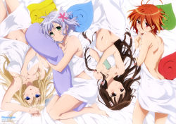 Rule 34 | 10s, 4girls, absurdres, amagi brilliant park, armpits, ass, back, bare back, barefoot, bed sheet, blonde hair, blue eyes, blue hair, breasts, brown eyes, brown hair, cleavage, covering privates, covering breasts, covering crotch, eyelashes, feet, fujita haruka, green eyes, hair between eyes, hair ornament, highres, koborii (amaburi), long hair, looking at viewer, messy hair, multi-tied hair, multiple girls, muse (amaburi), naked sheet, newtype, hugging object, official art, own hands together, pillow, pillow hug, red eyes, red hair, salama (amaburi), short hair, sylphy (amaburi), topless, two side up, very long hair