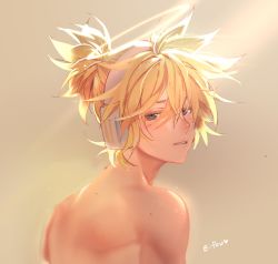 Rule 34 | 1boy, artist name, blonde hair, blue eyes, blush, commentary, ei flow, english commentary, from behind, half-closed eyes, halo, headphones, heart, highres, kagamine len, light blush, looking at viewer, looking back, male focus, nose blush, parted lips, topless male, short ponytail, sidelighting, spiked hair, upper body, vocaloid, yellow background