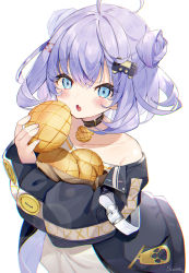 Rule 34 | 1girl, ahoge, bad id, bad pixiv id, bag, bare shoulders, black jacket, blue eyes, blush, bread, collarbone, commentary request, commission, double bun, dress, fang, food, hair between eyes, hair bun, hair ornament, hairclip, highres, holding, holding food, hugging object, jacket, koyubita, long sleeves, looking at viewer, off shoulder, open clothes, open jacket, original, paper bag, parted lips, puffy long sleeves, puffy sleeves, purple hair, signature, simple background, skeb commission, sleeves past wrists, solo, strapless, strapless dress, virtual youtuber, white background, white dress