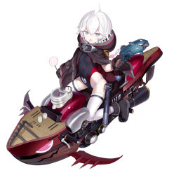 Rule 34 | 1girl, azur lane, backpack, bag, black footwear, black gloves, black one-piece swimsuit, boots, brown cloak, candy, capriccio, chestnut mouth, cloak, commentary request, covered navel, crime prevention buzzer, cross, fang, food, gloves, grey eyes, gun, hair between eyes, holding, holding candy, holding food, holding gun, holding lollipop, holding weapon, hood, hood down, hooded cloak, iron cross, leotard, lollipop, looking at viewer, official art, one-piece swimsuit, open mouth, pink eyes, randoseru, simple background, sitting, skindentation, smile, swimsuit, swirl lollipop, thighhighs, torpedo, u-110 (azur lane), water, weapon, white background, white hair, white thighhighs
