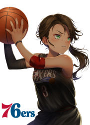 Rule 34 | 1girl, allen iverson, arms up, azur lane, ball, bare shoulders, basketball, basketball (object), basketball uniform, brown hair, character request, clothes writing, commentary request, cowboy shot, dark-skinned female, dark skin, detached sleeves, elbow pads, fingernails, green eyes, highres, holding, holding ball, long hair, looking away, looking to the side, national basketball association, parted lips, ponytail, serious, simple background, single detached sleeve, solo, sportswear, sweat, white background, wristband, yakkuro