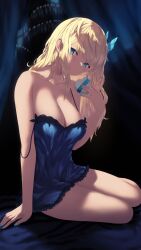 Rule 34 | 1girl, aqua nails, blonde hair, blue dress, blue eyes, boku wa tomodachi ga sukunai, box, breasts, butterfly hair ornament, cait aron, cleavage, closed mouth, collarbone, commentary request, dress, fingernails, gift, gift box, hair ornament, heart-shaped box, highres, holding, holding box, kashiwazaki sena, large breasts, long hair, looking at viewer, nail polish, off shoulder, sleeveless, sleeveless dress, smile, solo, thighs