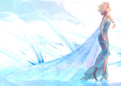 Rule 34 | 1girl, bad id, bad pixiv id, blonde hair, blue dress, blue eyes, braid, cape, clenched hand, dress, elsa (frozen), from side, frozen (disney), gradient background, hair over shoulder, high heels, highres, panbukin, profile, sequins, shoes, single braid, smile, solo, sparkle, standing