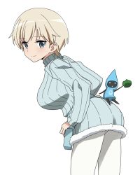 Rule 34 | 1girl, ass, blonde hair, blue eyes, blush, breasts, closed mouth, highres, kaneko (novram58), large breasts, looking at viewer, looking back, nikka edvardine katajainen, pantyhose, short hair, simple background, smile, solo, strike witches, white background, white pantyhose, world witches series