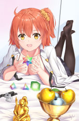 Rule 34 | 1girl, ahoge, apple, bare arms, black pantyhose, black skirt, blush, breasts, chaldea uniform, cleavage, collarbone, commentary request, fate/grand order, fate (series), food, fruit, fujimaru ritsuka (female), gem, golden apple, hair between eyes, hair ornament, hair scrunchie, highres, holy grail (fate), indoors, jacket, knight, lying, mana prism, medium breasts, no bra, no shoes, on stomach, one side up, open clothes, open jacket, orange eyes, orange hair, pantyhose, saint quartz (fate), scrunchie, side ponytail, silver apple, skirt, skyrail, solo, statue, white jacket