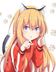 Rule 34 | 1girl, angel, animal ears, blue eyes, cat ears, cat tail, gabriel dropout, gabriel tenma white, highres, jacket, messy hair, open mouth, tail, track jacket, track suit, ukami, zipper