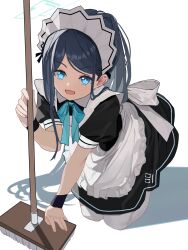 Rule 34 | 1girl, absurdres, apron, aris (blue archive), aris (maid) (blue archive), between legs, black dress, black hair, blue archive, blue bow, blue bowtie, blue eyes, borrowed clothes, bow, bowtie, broom, chinese commentary, commentary, dress, frilled apron, frilled dress, frills, green halo, halo, hand between legs, highres, long hair, looking at viewer, maid, maid apron, maid headdress, number print, official alternate costume, open mouth, parted bangs, ponytail, puffy short sleeves, puffy sleeves, seiza, short sleeves, side ponytail, simple background, sitting, smile, solo, teeth, upper teeth only, uroam, very long hair, white apron, white background