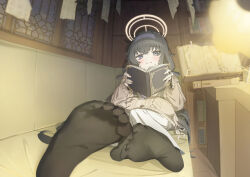 Rule 34 | 1girl, applepie (12711019), aran sweater, black hair, black pantyhose, blue archive, blue hairband, blush, book, brown sweater, cable knit, commentary, crossed bangs, feet, foot focus, full body, grey eyes, hairband, halo, highres, holding, holding book, indoors, library, long hair, long skirt, looking at viewer, lying, messy hair, microsoft windows, no shoes, official alternate costume, on back, open book, pantyhose, pleated skirt, skirt, solo, sweat, sweater, symbol-only commentary, ui (blue archive), very long hair, white skirt