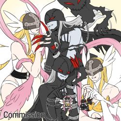 Rule 34 | 2girls, angel, angel and devil, angel wings, angewomon, artist request, blonde hair, breasts, chain, character doll, colored skin, commission, demon girl, digimon, digimon (creature), grey hair, grey skin, helmet, highres, charm (object), ladydevimon, large breasts, long hair, mask, multiple girls, tagme, torn clothes, wings, yuri