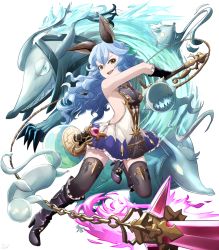 Rule 34 | &gt;:d, 10s, 1girl, :d, animal ears, black gloves, black thighhighs, blue hair, boots, breasts, cat ears, dog, dress, earrings, erune, ferry (granblue fantasy), full body, ghost, gloves, granblue fantasy, high heel boots, high heels, holding, jewelry, leg up, long hair, marusan, open mouth, pale skin, sideboob, simple background, single earring, small breasts, smile, solo, thighhighs, v-shaped eyebrows, white background, yellow eyes, zettai ryouiki