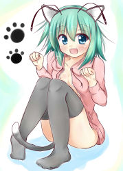 Rule 34 | 1girl, absurdres, animal ears, antennae, black thighhighs, blue eyes, blush, cat ears, cat tail, censored, collarbone, convenient censoring, fake animal ears, green hair, highres, kemonomimi mode, knees together feet apart, kuzumomo, long sleeves, naked shirt, open clothes, open mouth, open shirt, paw pose, paw print, pigeon-toed, shirt, sitting, smile, solo, tail, thighhighs, touhou, wriggle nightbug