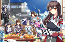 Rule 34 | 10s, 6+girls, :d, ahoge, akagi (kancolle), arm support, ashigara (kancolle), bandages, bird, black gloves, black legwear, bottle, braid, brown eyes, brown hair, cardigan, chopsticks, cloud, day, detached sleeves, dress, elbow gloves, eyebrows, fingerless gloves, fish, flag, food, gloves, haguro (kancolle), hair ornament, hairband, hakama, hakama skirt, hand on own cheek, hand on own face, hatsuharu (kancolle), headgear, hiei (kancolle), japanese clothes, kantai collection, kneeling, long hair, multiple girls, muneate, necktie, nenohi (kancolle), noma taoru, ocean, onigiri, open mouth, own hands together, personification, pink hair, plate, pleated skirt, pointing, pointing at self, ponytail, profile, purple hair, rice, rope, sailor collar, sailor dress, seagull, ship, short hair, silhouette, single braid, sitting, skirt, smile, table, tenryuu (kancolle), thick eyebrows, thighhighs, tray, very long hair, watercraft, white gloves, yellow eyes