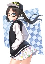 Rule 34 | 1girl, baseball cap, black-framed eyewear, black hair, black hat, black jacket, blue eyes, blush, checkered background, commentary request, contrapposto, cowboy shot, crescent print, flat chest, floating hair, from side, glasses, hands in pockets, hat, highres, idolmaster, idolmaster shiny colors, jacket, kurisu-kun, long hair, long sleeves, looking to the side, miniskirt, mitsumine yuika, one eye closed, parted bangs, paw print, pleated skirt, revision, sidelocks, skirt, solo, standing, star (symbol), star print, tongue, tongue out, twintails, white background, white skirt