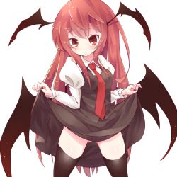 Rule 34 | 1girl, bat wings, blush, breasts, clothes lift, collared shirt, cowboy shot, curtsey, dress shirt, gluteal fold, head wings, juliet sleeves, koakuma, long hair, long sleeves, looking at viewer, low wings, masa (pixiv10405725), necktie, puffy sleeves, red eyes, red hair, red necktie, shirt, sidelocks, simple background, skirt, skirt lift, skirt set, solo, touhou, very long hair, vest, white background, wings