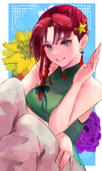 Rule 34 | 1girl, alternate costume, alternate hairstyle, aqua background, aqua eyes, bare shoulders, black bow, border, bow, braid, chinese clothes, collared shirt, commentary request, cowboy shot, earrings, eneshi, flower, green shirt, hair bow, hair ornament, hand up, highres, hong meiling, jewelry, looking ahead, medium hair, pants, parted bangs, parted lips, red hair, shirt, simple background, single braid, sitting, sleeveless, sleeveless shirt, smile, solo, star (symbol), star hair ornament, teeth, touhou, white border, white pants