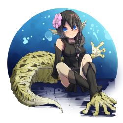 Rule 34 | 1girl, animal hands, bare shoulders, black hair, blue eyes, blush, borrowed character, braid, commentary request, crossed legs, detached sleeves, fins, flower, full body, hair between eyes, hair flower, hair ornament, head fins, large tail, long hair, looking at viewer, monster girl, nanostar, original, reptile girl, simple background, sitting, smile, solo, tail, tunic, v-shaped eyebrows, white background
