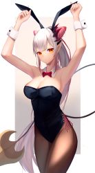 Rule 34 | 1girl, nanashi inc., absurdres, animal ears, armpits, arms up, black leotard, blush, bow, bowtie, breasts, brown pantyhose, cleavage, closed mouth, cone hair bun, cowboy shot, demon girl, demon tail, detached collar, double bun, fake animal ears, gradient background, gradient hair, grey background, hair bun, highres, honey strap, huge filesize, large breasts, leotard, long hair, looking at viewer, mugichapossible, multicolored hair, pantyhose, playboy bunny, pointy ears, ponytail, rabbit ears, red bow, red bowtie, red eyes, red hair, red ribbon, ribbon, side-tie leotard, sidelocks, silver hair, solo, strapless, strapless leotard, suou patra, tail, very long hair, virtual youtuber, wrist cuffs