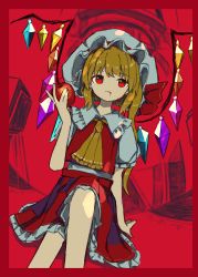 Rule 34 | 1girl, absurdres, apple, arm support, ascot, blonde hair, blood, blood from mouth, border, bow, closed mouth, commentary request, crossed legs, dot nose, dutch angle, empty eyes, feet out of frame, flandre scarlet, food, frilled ascot, frilled shirt, frilled shirt collar, frilled skirt, frilled sleeves, frills, fruit, hand up, hat, hat bow, highres, holding, holding food, holding fruit, long hair, mob cap, neruzou, one side up, pleated skirt, red background, red border, red bow, red eyes, red skirt, red vest, revision, shirt, short sleeves, side ponytail, sitting, skirt, skirt set, solo, touhou, vest, white hat, white shirt, wings, yellow ascot