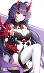 Rule 34 | 1girl, armor, blunt bangs, breasts, cleavage, commentary request, elbow gloves, gloves, highres, honkai (series), honkai impact 3rd, horns, japanese armor, kote, large breasts, long hair, looking at viewer, lucky keai, oni horns, purple eyes, purple hair, raiden mei, raiden mei (herrscher of thunder), red horns, red pupils, serious, shoulder armor, sode, solo, thighhighs, very long hair, white thighhighs