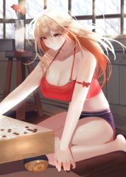 Rule 34 | 1girl, bad id, bad pixiv id, blonde hair, board game, bottle, bow, breasts, camisole, cleavage, closed mouth, crop top, eyelashes, floating hair, flower, furrowed brow, glass, go (board game), hair between eyes, indoors, large breasts, long hair, looking down, midriff, mingou91, on floor, original, playing, pout, red bow, shorts, sitting, solo, vase, yellow eyes
