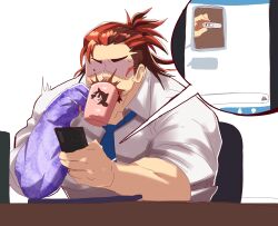 Rule 34 | 1boy, :q, bara, blue necktie, blush, boogeyman (housamo), brown hair, cup, facial hair, female protagonist (live a hero), goatee, highres, holding, holding phone, implied pregnancy, leoandaslan (leobongnana), live a hero, male focus, male pregnancy, mature male, merchandise, mug, multicolored hair, muscular, muscular male, necktie, orange hair, phone, pregnancy test, red eyes, scar, scar on face, short hair, sideburns, sleeves rolled up, smile, solo, stomach, sweatdrop, tokyo houkago summoners, tongue, tongue out, turn pale, two-tone hair, unfinished, upper body