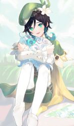 Rule 34 | 1boy, absurdres, androgynous, argyle, argyle clothes, argyle legwear, beret, black hair, blue hair, blush, braid, cloud, cloudy sky, collared cape, collared shirt, commentary, corset, feathers, flower, frilled sleeves, frills, genshin impact, gradient hair, green eyes, green hat, green shorts, hair flower, hair ornament, hat, highres, hug, kagami (kagami), leaf, long sleeves, looking at viewer, male focus, multicolored hair, no shoes, pantyhose, shirt, short hair with long locks, shorts, side braids, sidelocks, sky, smile, solo, symbol-only commentary, twin braids, venti (genshin impact), white flower, white pantyhose, white shirt