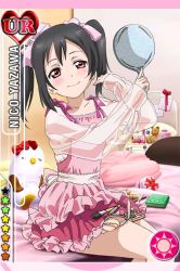 Rule 34 | 10s, 1girl, black hair, blush, bow, card (medium), casual, character name, dress, hair bow, hand mirror, love live!, love live! school idol festival, love live! school idol project, makeup brush, mirror, official art, pink dress, pink theme, red eyes, sitting, smile, solo, twintails, yazawa nico