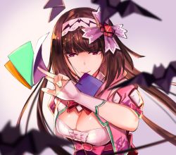 Rule 34 | 1girl, bat (animal), bow, breasts, brown hair, cleavage, cleavage cutout, cloak, clothing cutout, commentary, commentary request, crystal, fate/grand order, fate (series), hair ornament, hairband, highres, holding, jewelry, long hair, looking at viewer, medium breasts, moriyama daisuke, mouth hold, no eyewear, origami, osakabehime (fate), paper, pink bow, purple eyes, ribbon, simple background, solo, twintails, very long hair