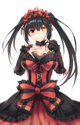 Rule 34 | 1girl, absurdres, asymmetrical hair, bare shoulders, black collar, black sleeves, blush, bow, breasts, cleavage, clock eyes, collar, cowboy shot, date a live, detached collar, detached sleeves, dress, finger to cheek, frilled bow, frilled collar, frilled dress, frilled hairband, frilled sleeves, frills, gothic lolita, grin, hair between eyes, hairband, hand on own chest, heterochromia, highres, large breasts, layered dress, lolita fashion, lolita hairband, looking at viewer, multicolored clothes, multicolored dress, red dress, red eyes, simple background, smile, solo, symbol-shaped pupils, tokisaki kurumi, twintails, white background, yellow eyes, zijiang