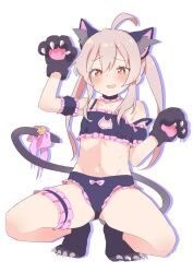 Rule 34 | 1girl, absurdres, ahoge, animal ear fluff, animal ears, animal hands, arm up, bell, black bra, black footwear, black gloves, black panties, blush, bow, bra, brown eyes, brown hair, cameltoe, cat cutout, cat lingerie, cleavage cutout, clothing cutout, colored shadow, commentary, drop shadow, fake animal ears, frilled bra, frills, full body, genderswap, genderswap (mtf), gloves, goyain, groin, hair between eyes, highres, jingle bell, long hair, looking at viewer, meme attire, navel, onii-chan wa oshimai!, open mouth, oyama mahiro, panties, paw gloves, paw shoes, pink bow, shadow, solo, spread legs, squatting, sweat, tail, tail bell, tail bow, tail ornament, twintails, underwear, very long hair, wavy mouth