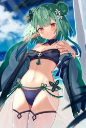 Rule 34 | 1girl, alternate breast size, bandeau, beach, bikini, blush, bow, brooch, bug, butterfly, cameltoe, colored tips, detached collar, detached sleeves, double bun, earrings, green hair, hair bun, hair ornament, highres, hololive, insect, jewelry, looking at viewer, multicolored hair, nail polish, open mouth, outdoors, palm tree, red eyes, ribbon, rope, satoupote, see-through, short hair, sidelocks, skull earrings, solo, strapless, strapless bikini, swimsuit, tassel, thighhighs, tree, uruha rushia, uruha rushia (1st costume), virtual youtuber, wide sleeves