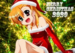 Rule 34 | 1girl, 2020, :d, absurdres, asymmetrical bangs, bare shoulders, christmas, christmas lights, commentary, dress, dutch angle, elbow gloves, english commentary, fur-trimmed dress, fur trim, gloves, green eyes, hat, heterochromia, highres, long hair, looking at viewer, lyrical nanoha, mahou shoujo lyrical nanoha vivid, merry christmas, mixed-language commentary, open mouth, orange hair, rappasan05, red eyes, red gloves, red hat, santa dress, santa gloves, santa hat, short dress, sitting, smile, solo, strapless, strapless dress, vivio